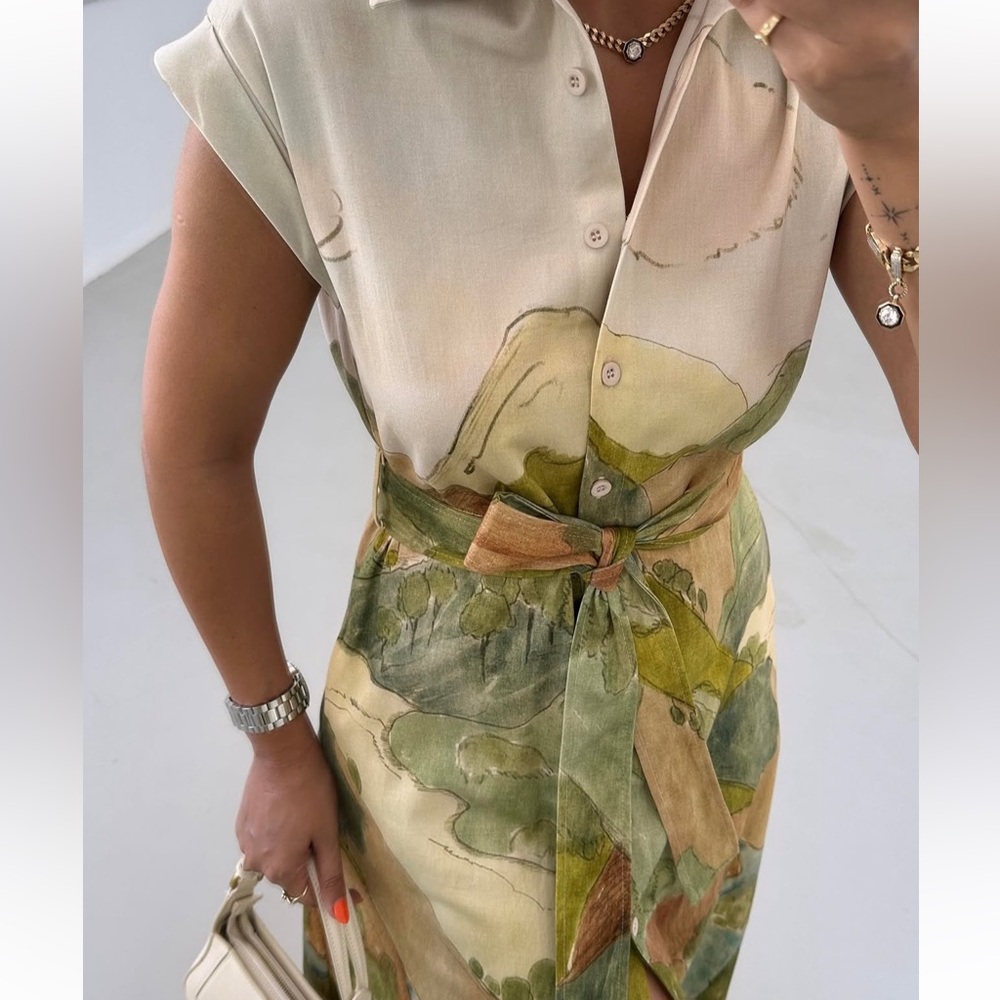 ZARA ZW COLLECTION PRINT SHIRT DRESS XS MIDI COLLAR SS24 l NWOT - Picture 5 of 8
